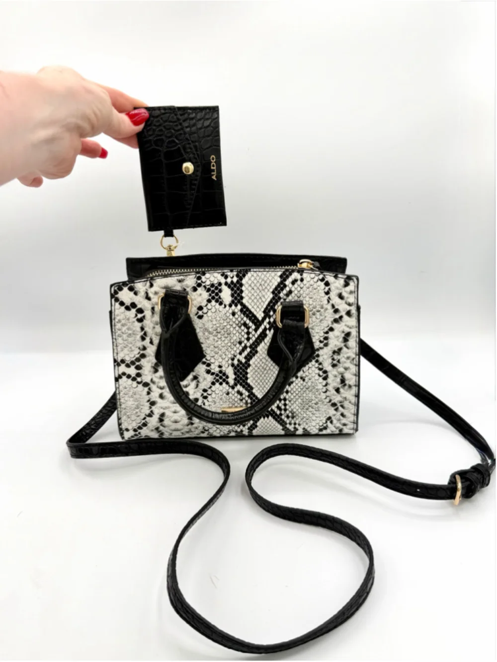 Women's ALDO Satchel Bag One Size White Black Snakeskin Print